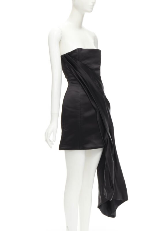 HALPERN black satin asymmetric draped bustier bodice mini dress FR36 XS