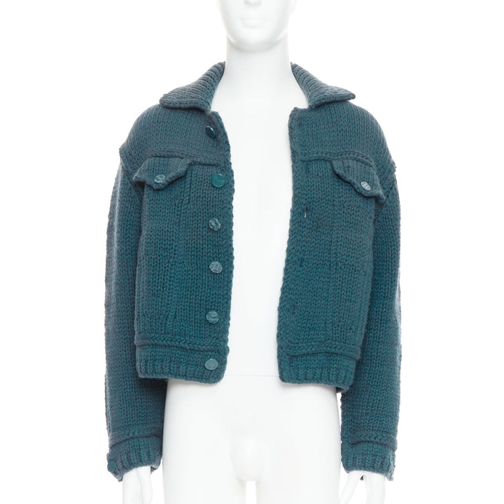 LOUIS VUITTON 2020 Runway turquoise blue wool chunky knit crop trucker jacket S