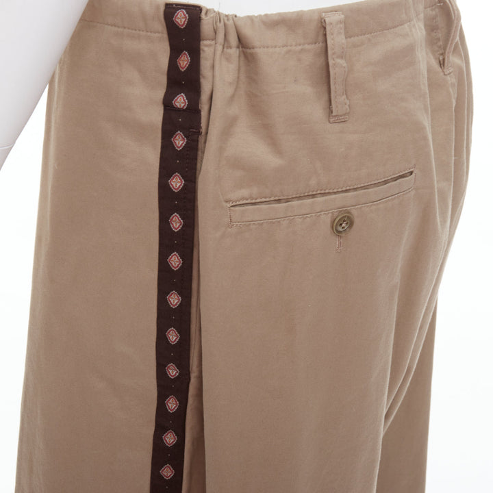 YOHJI YAMAMOTO beige brown ethnic trim drawstring wide pants JP3 L