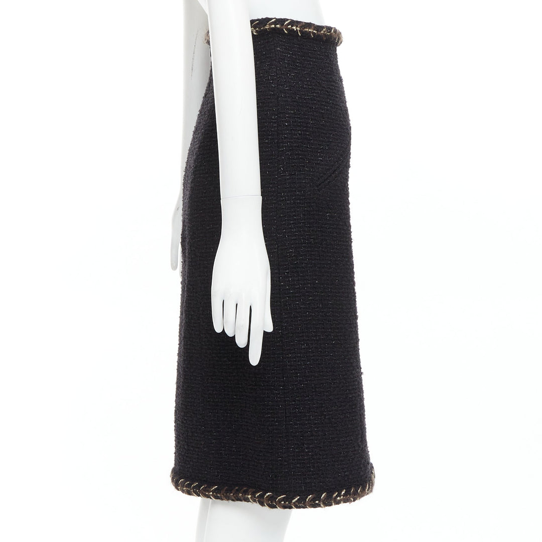 CHANEL 18K black cotton tweed brown gold braided trim tweed skirt FR34 XS