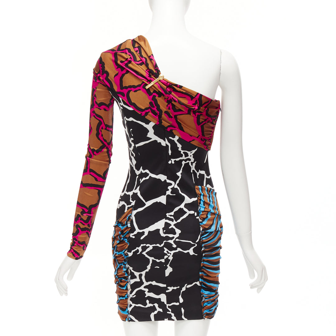 VERSACE Runway mixed giraffe print gold logo clip body con wiggle dress IT36 XXS