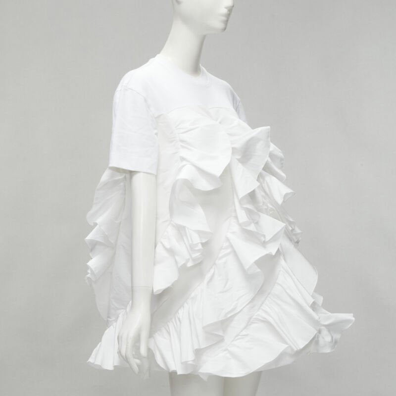 ALEXANDER MCQUEEN 2022 Hybrid white spiral ruffle cotton tshirt dress IT36 XS