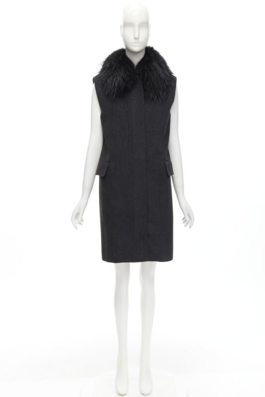 JOSEPH wool black minimal oversized fur collar flap pockets boxy vest FR38 S