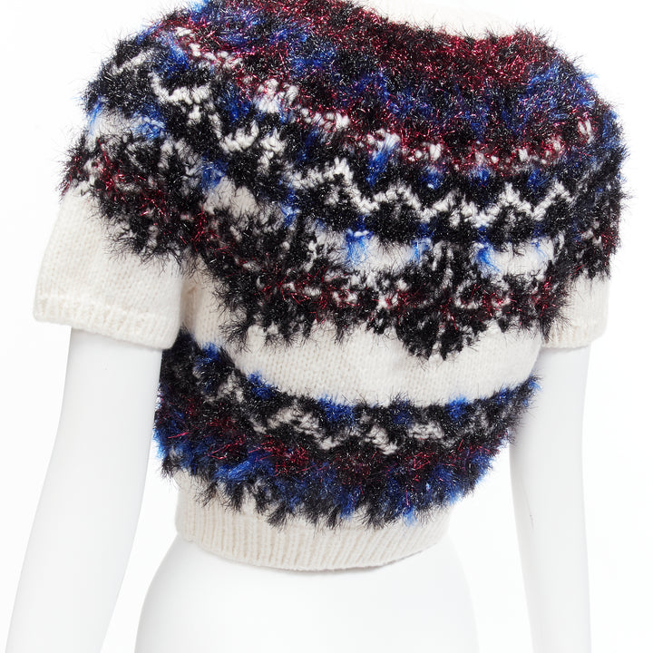 CHANEL pink blue fluffy lurex cream intarsia crystal CC cropped sweater FR34 XS