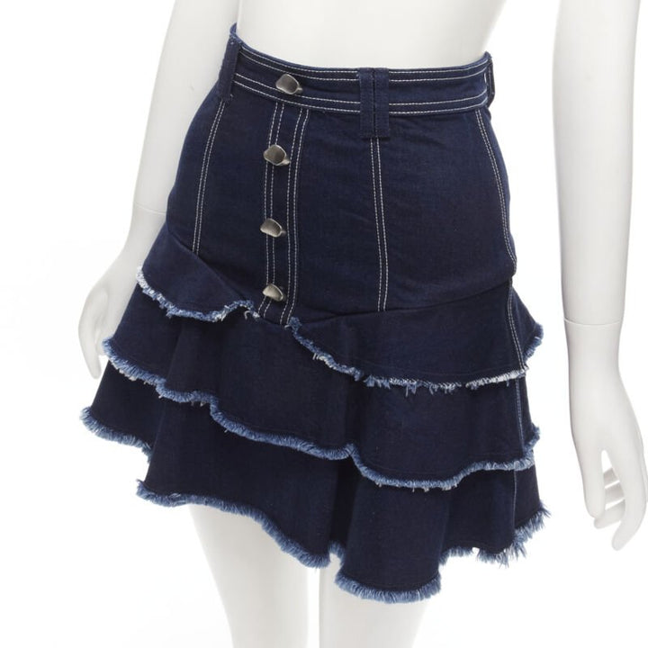 AJE hammered silver buttons blue frayed edge tiered denim skirt UK6 XS