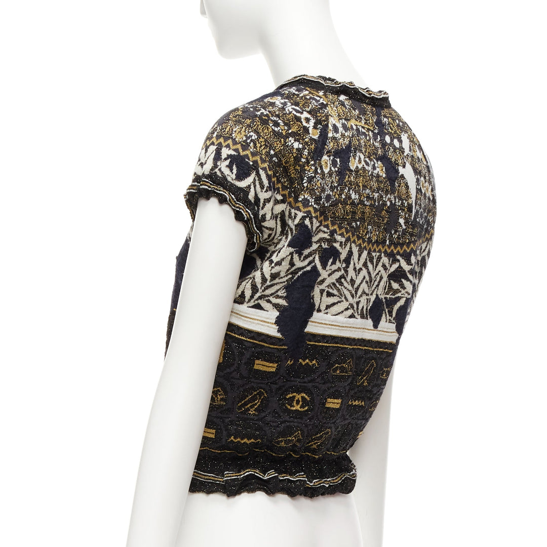 CHANEL 2019 Runway gold Egyptian Hieroglyphics CC cap sleeve sweater FR36 S
