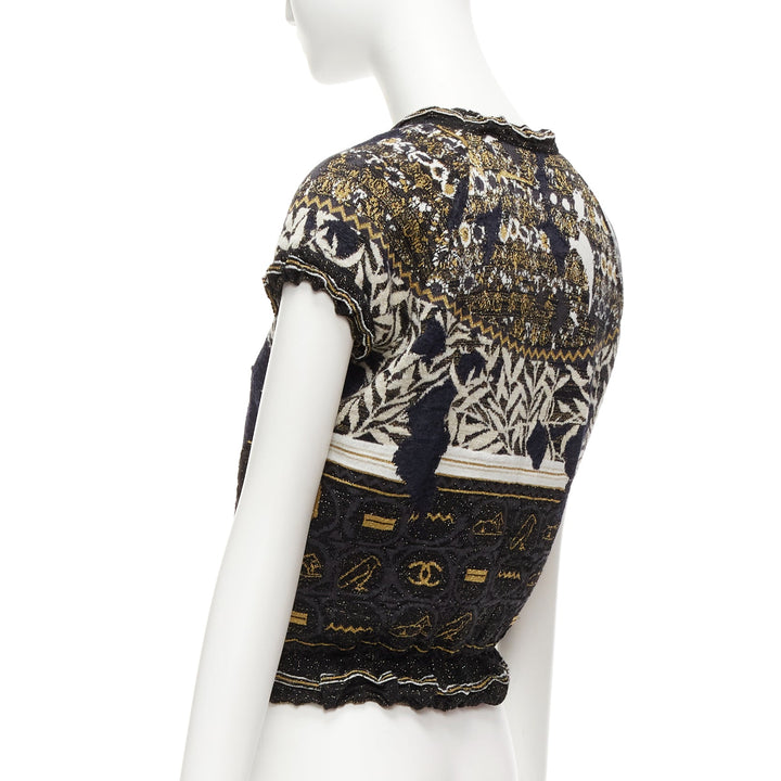 CHANEL 2019 Runway gold Egyptian Hieroglyphics CC cap sleeve sweater FR36 S
