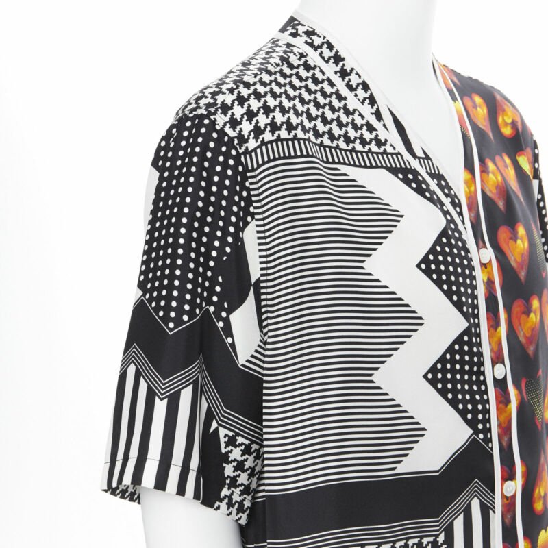 VERSACE Jim Dine red Heart black chevron print baseball silk shirt EU39 M