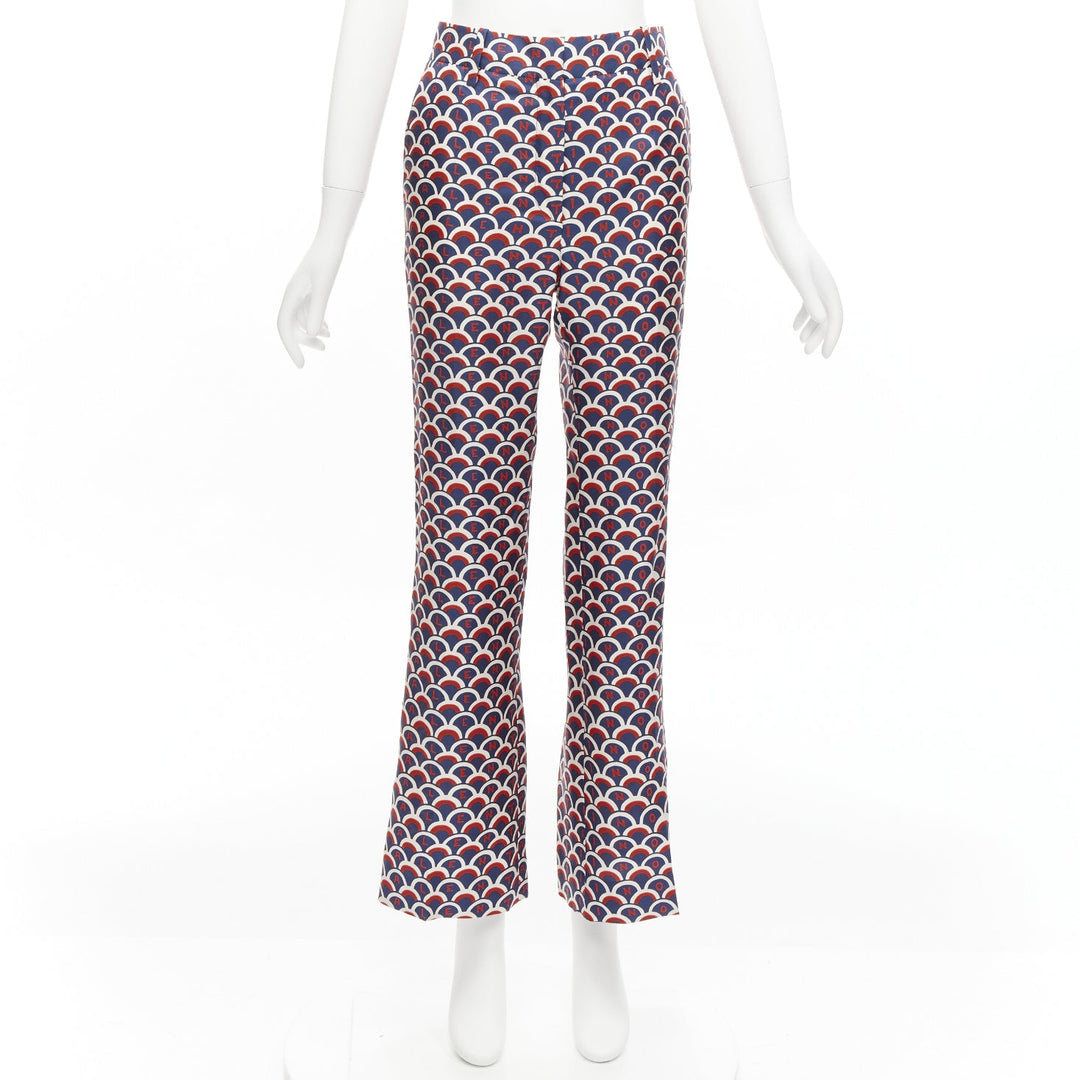 VALENTINO 100% silk  scallop print logo print navy red flared pants IT36 XXS