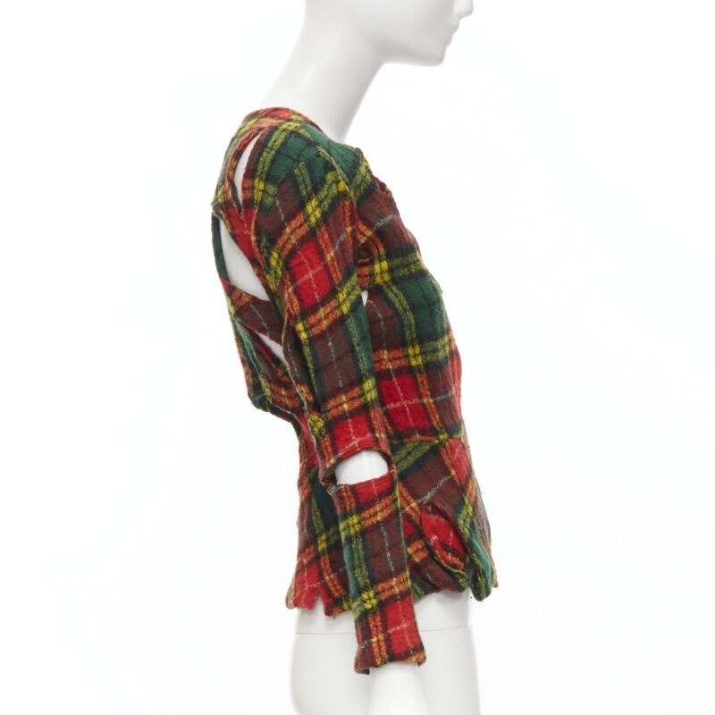 JUNYA WATANABE Vintage 1995 red punk plaid boiled wool cut out jacket S