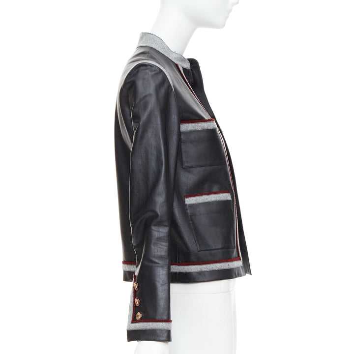 CHANEL 10A Paris Shanghai Runway black leather grey trim 4 pocket jacket FR36 S