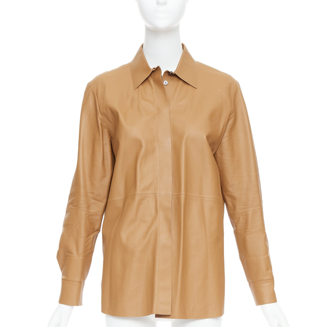 THEORY L Nappa Shine brown lambskin leather panelled shirt XS