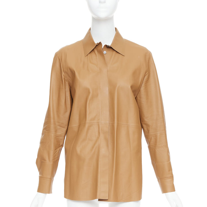 THEORY L Nappa Shine brown lambskin leather panelled shirt XS