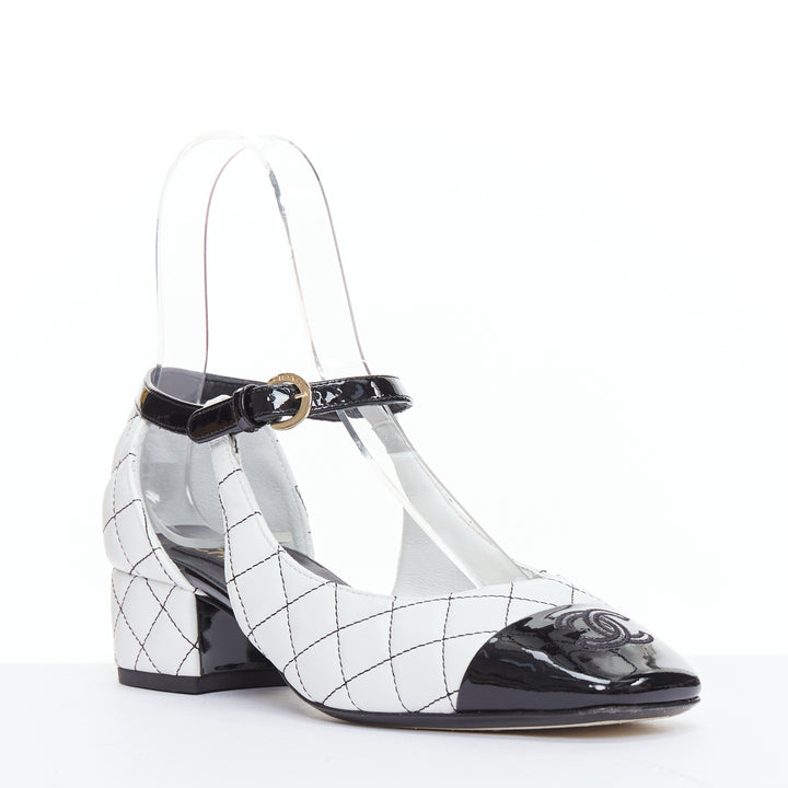 CHANEL 2022 black white quilted topstitch patent cap toe maryjane heels EU36.5
