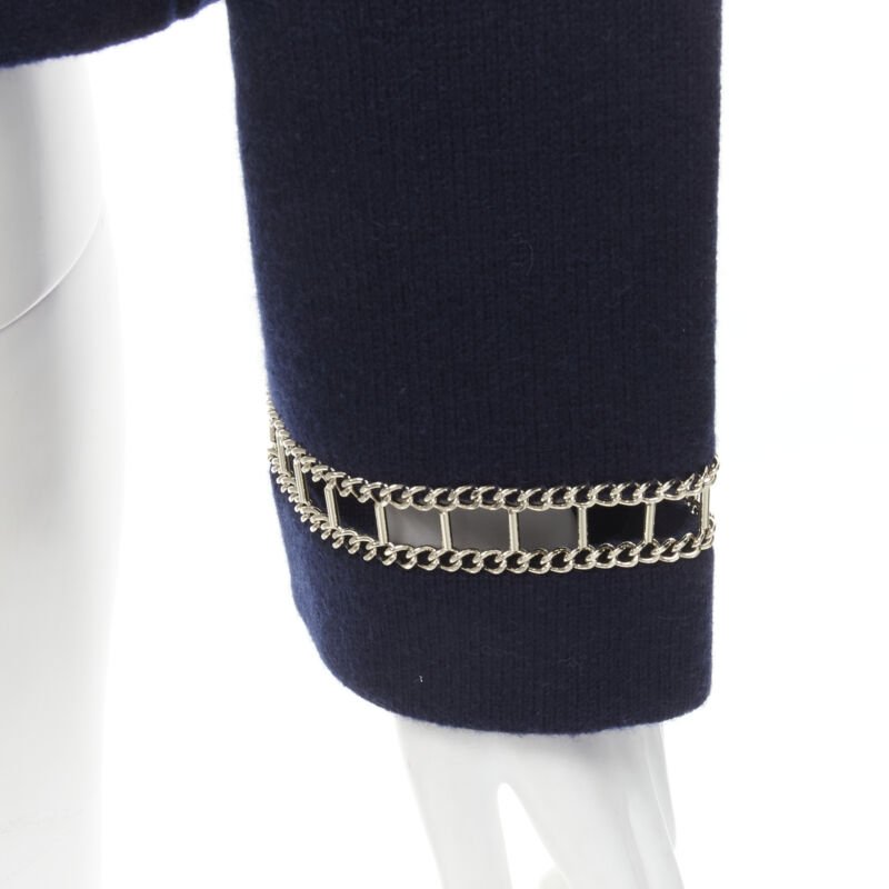 CHANEL 2020 Runway 100% cashmere navy gold chain trim boat neck sweater FR38