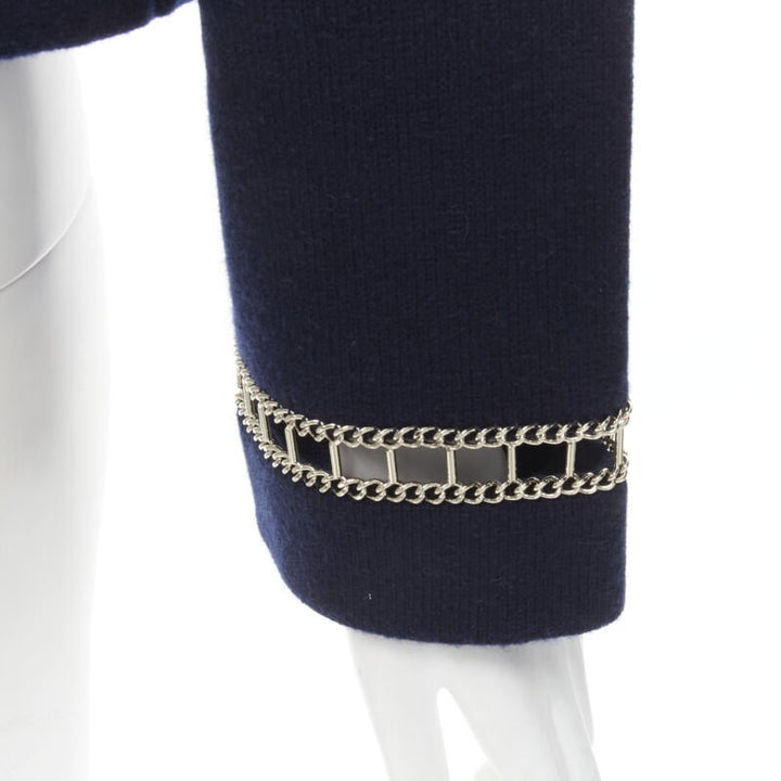 CHANEL 2020 Runway 100% cashmere navy gold chain trim boat neck sweater FR38