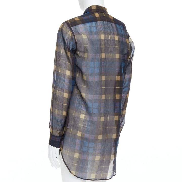 DRIES VAN NOTEN blue beige cotton silk sheer checked shirt IT48 M