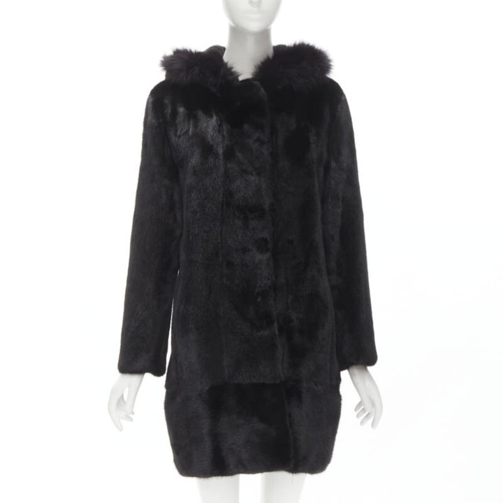ISLA black fur long sleeve snap button hooded jacket IT42