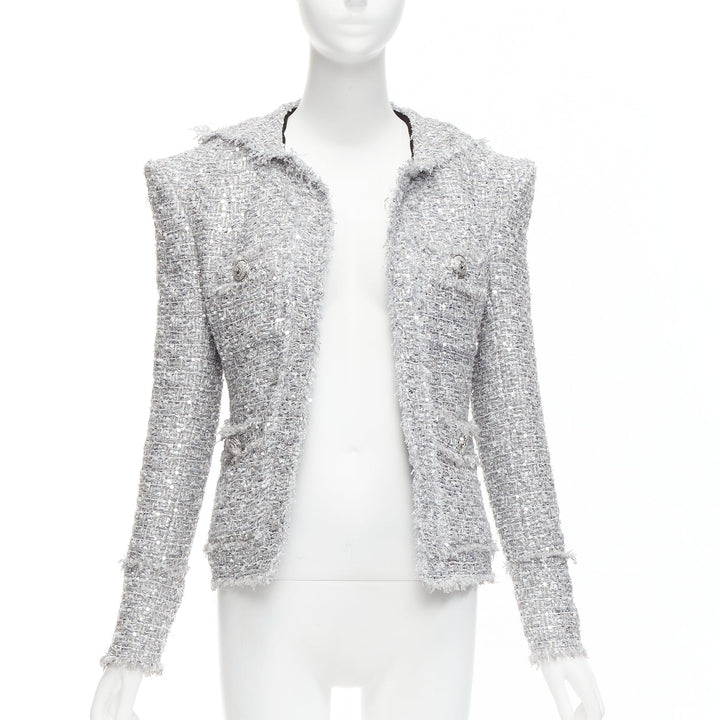 BALMAIN silver sequinned boucle tweed hooded power shoulder jacket FR36 S