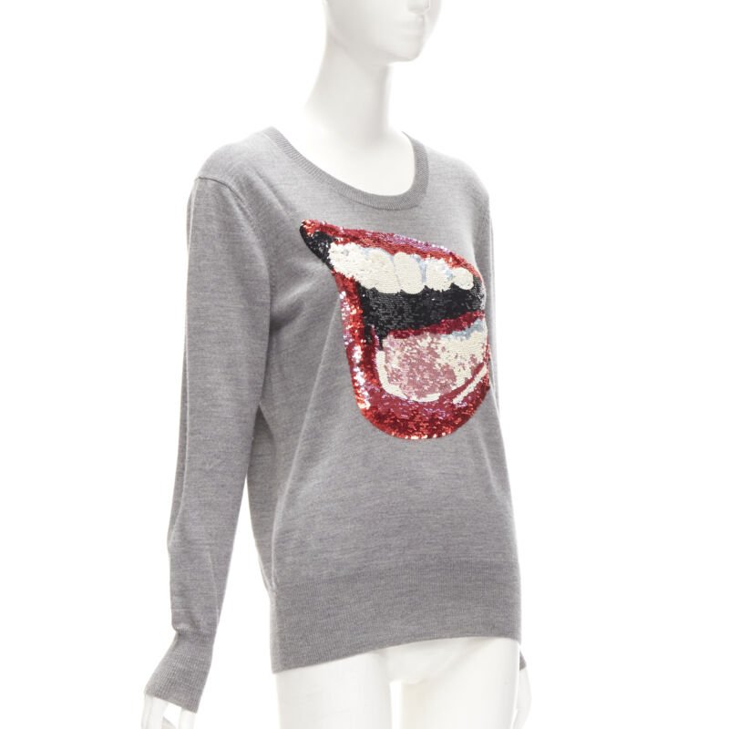 MARKUS LUPFER grey knit red lips sequins sweater S