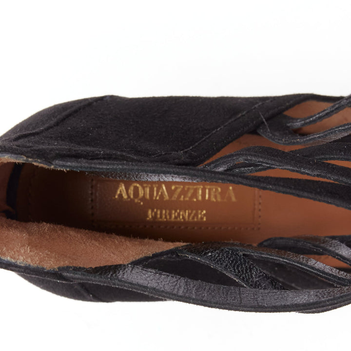 AQUAZZURA Electric black suede criss cross strappy booties pump EU38