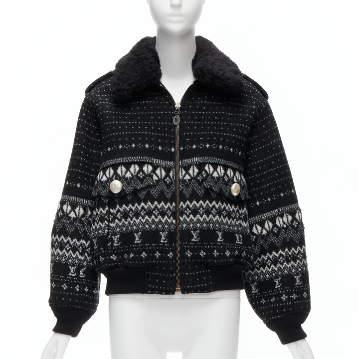 LOUIS VUITTON black LV logo intarsia argyle wool boxy aviator jacket FR34 XS