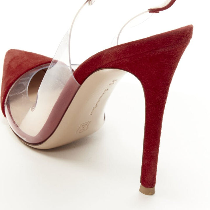 GIANVITO ROSSI Plexi red suede clear PVC ankle strap pump EU38.5