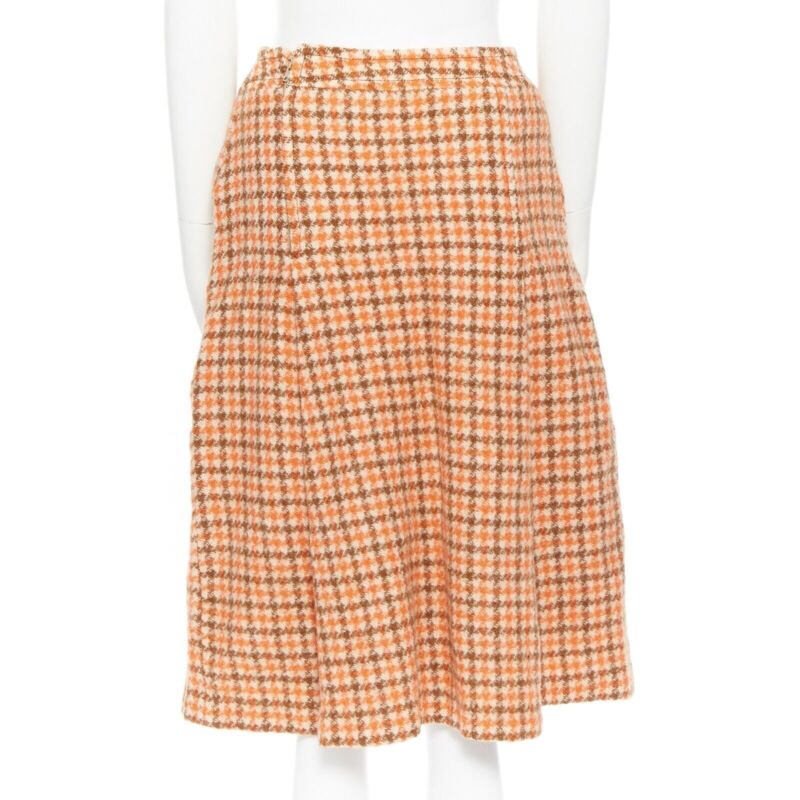vintage CELINE 1980 orange check wool pleat skirt leather horsebit cuff FR44 XXL