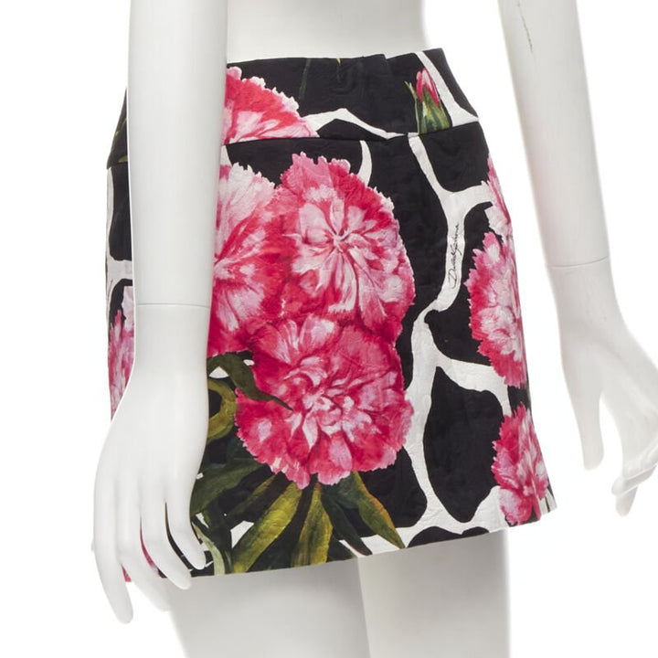 DOLCE GABBANA black pink carnation floral print jacquard mini skirt IT38 XS