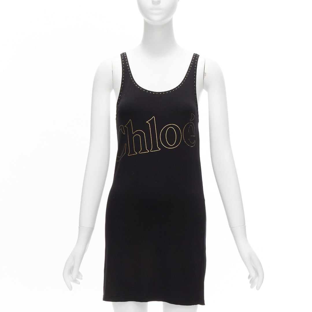 CHLOE gold foil logo black topstitch detail rock chic tank top dress S
