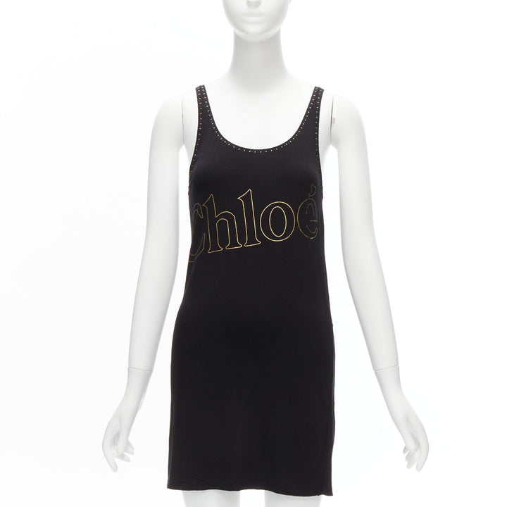 CHLOE gold foil logo black topstitch detail rock chic tank top dress S
