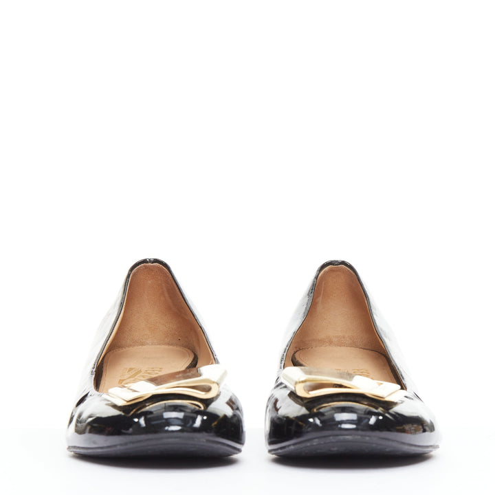 SALVATORE FERRAGAMO gold big buckle black patent leather wedges 6.5
