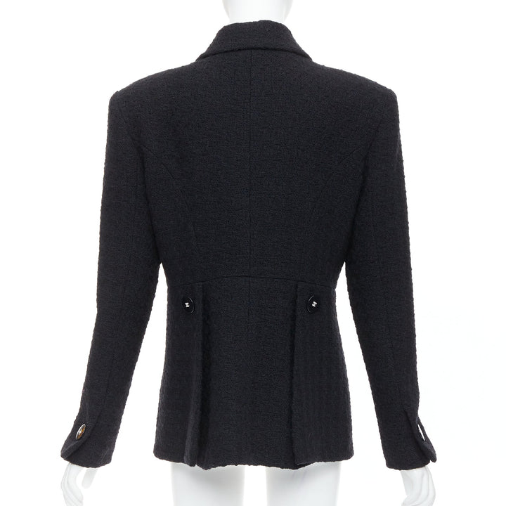 CHANEL 17A Runway Cosmopolite black tweed double breasted tuxedo jacket FR44
