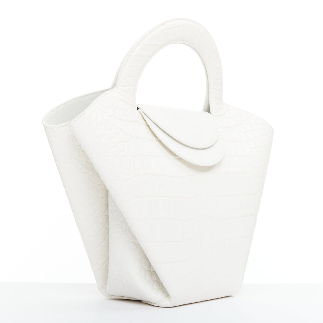 BOTTEGA VENETA white embossed scaled leather top handle tote bag