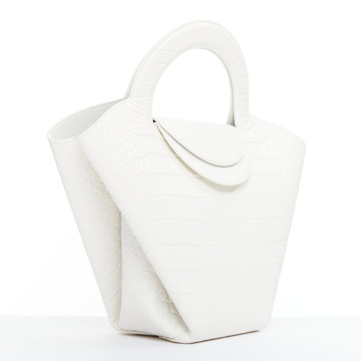 BOTTEGA VENETA white embossed scaled leather top handle tote bag