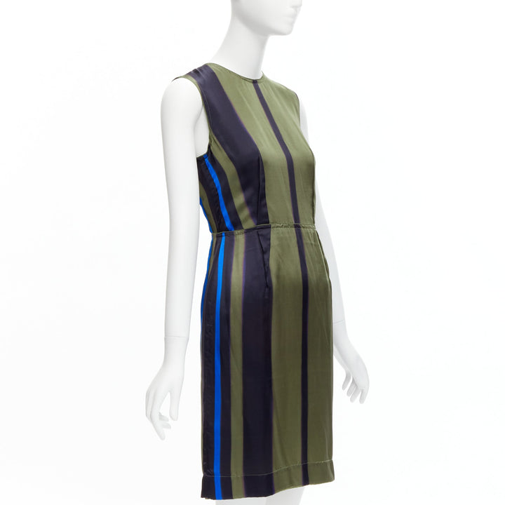 LANVIN 100% silk khaki blue abstract invert darts dress FR36 S