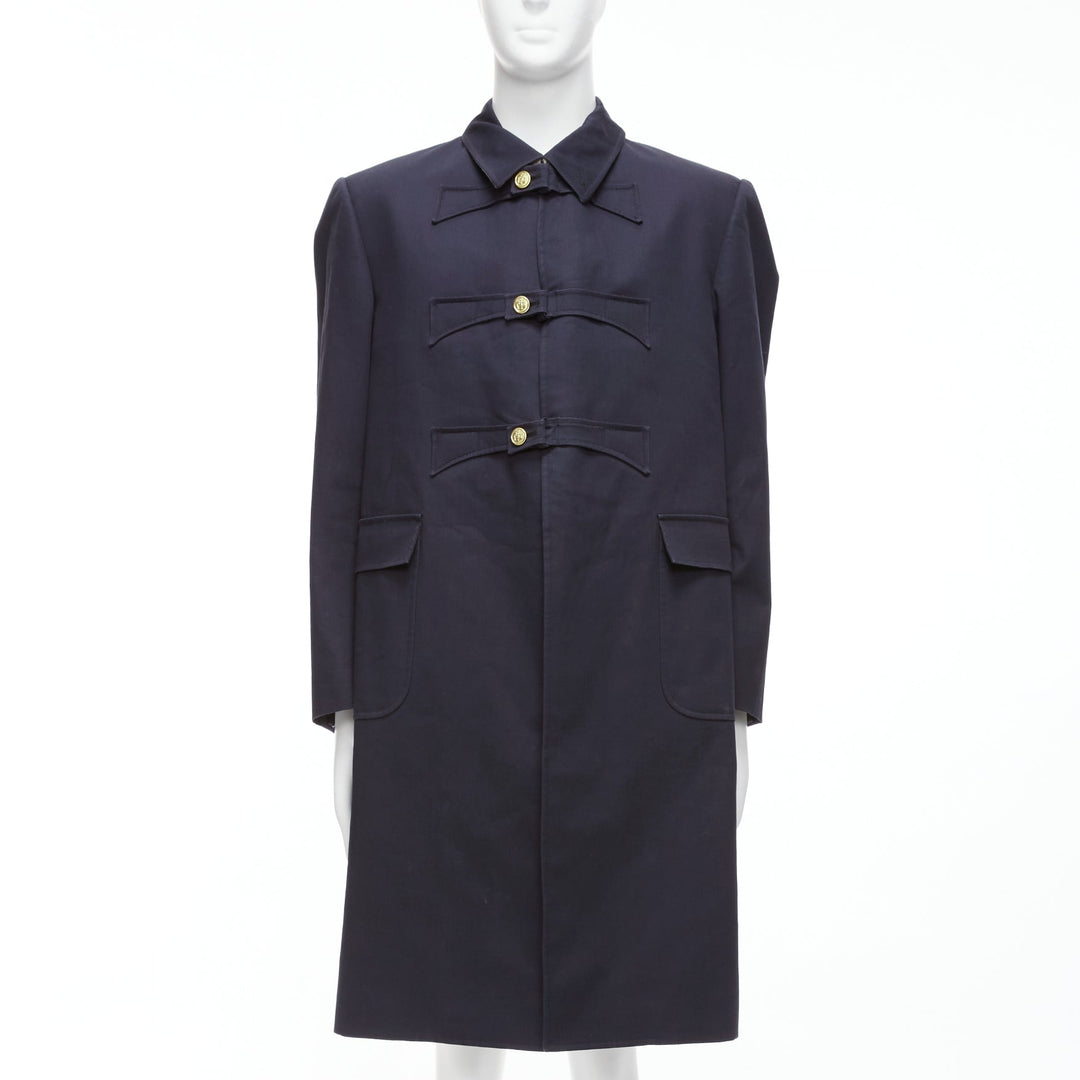 THOM BROWNE 2008 navy gold anchor button loop through boxy longline coat Sz.3 L