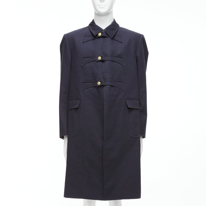 THOM BROWNE 2008 navy gold anchor button loop through boxy longline coat Sz.3 L