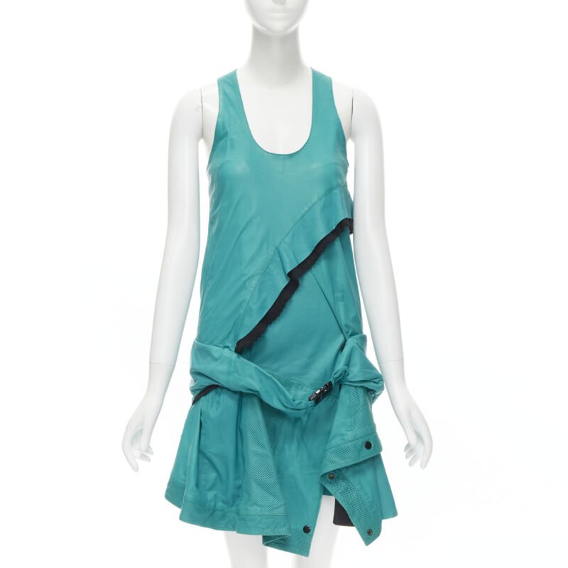 PROENZA SCHOULER teal blue leather ruffle trimmed sportif dress US2 S