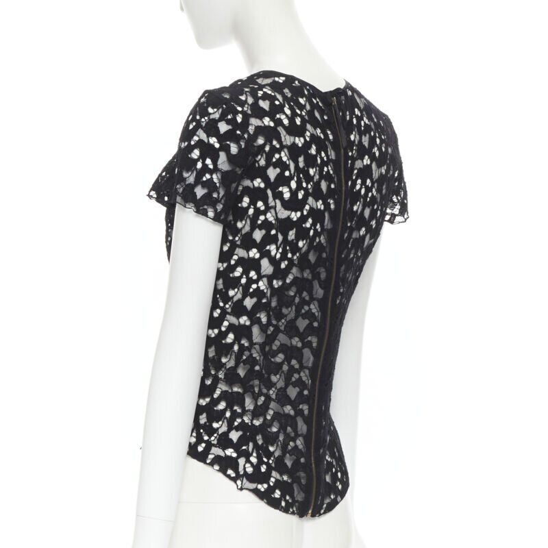 NINA RICCI black sheer lace cap sleeve zip back T-shirt top FR40 XS