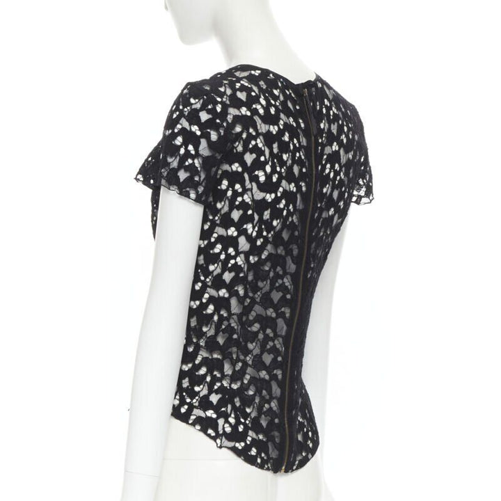 NINA RICCI black sheer lace cap sleeve zip back T-shirt top FR40 XS