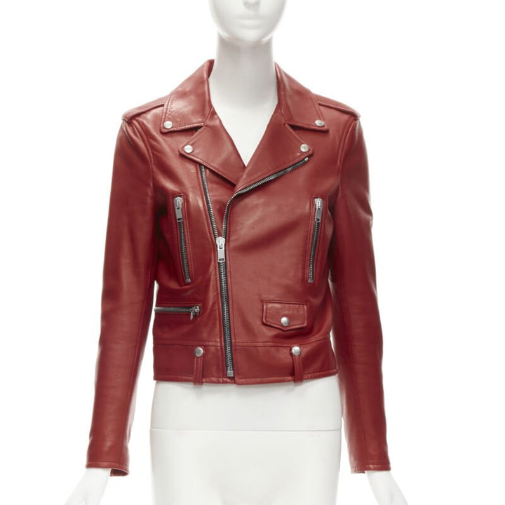 SAINT LAURENT 2013 Hedi Slimane red lambskin leather moto biker jacket FR38 S