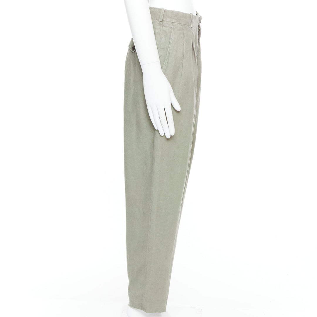 YOHJI YAMAMOTO khaki green linen pleated front tapered wide pants S