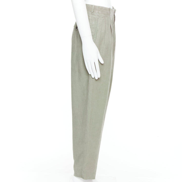 YOHJI YAMAMOTO khaki green linen pleated front tapered wide pants S