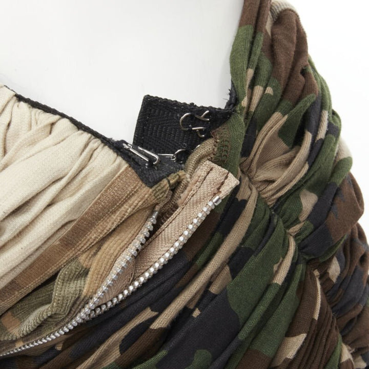 COMME DES GARCONS 2005 Runway mixed cotton nylon blue green camo ruched skirt XS