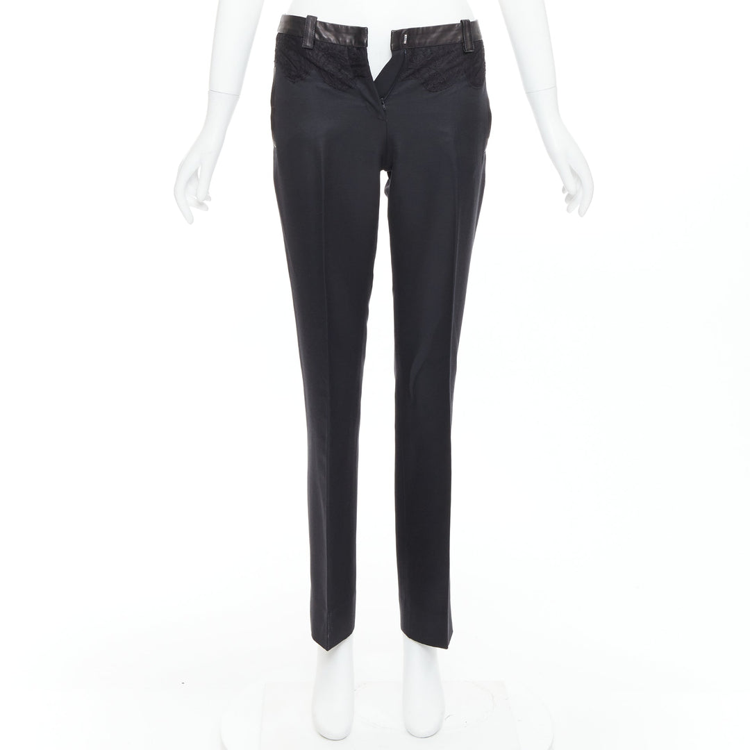 VERSACE black cotton blend lace leather trim waist tapered trousers IT38 XS