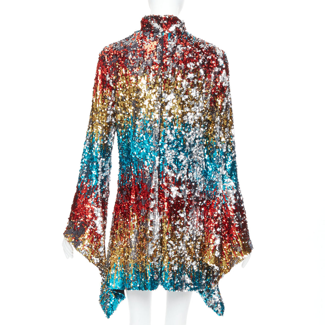 HALPERN A21D20J Flip Sequin multicolor flare drape hem mini dress FR42 XL