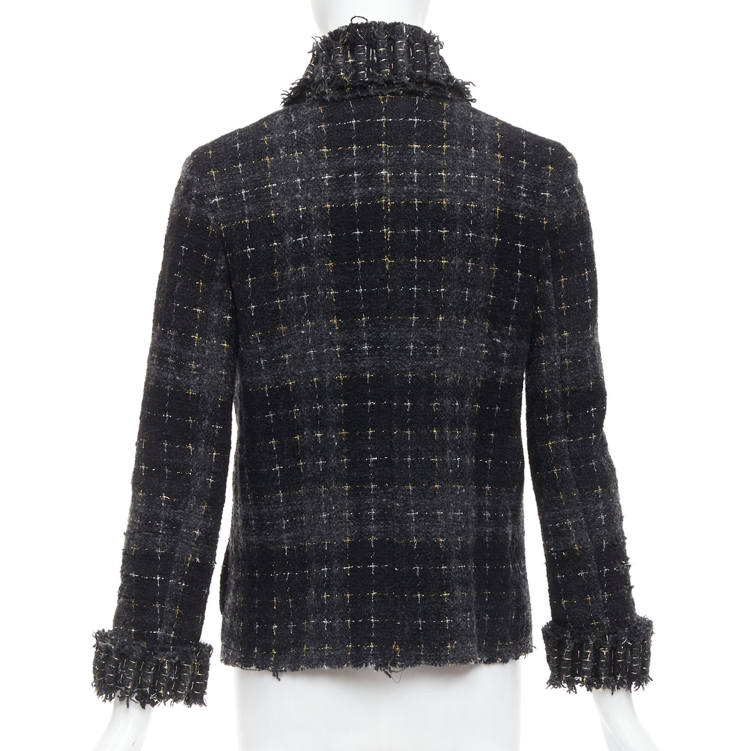 CHANEL 08A Runway Fantasy Tweed black grey silver gold wool jacket FR36 S