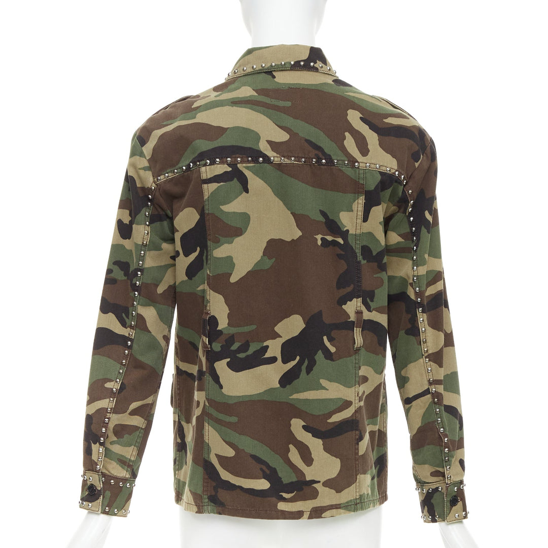 SAINT LAURENT 2015 green khaki camo print cotton studded army jacket XS