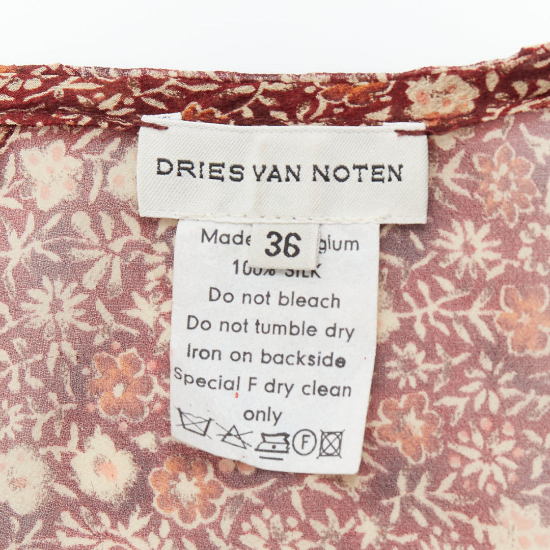 rare DRIES VAN NOTEN Vintage 90s brown silk ethnic fur charm crop top FR36 S